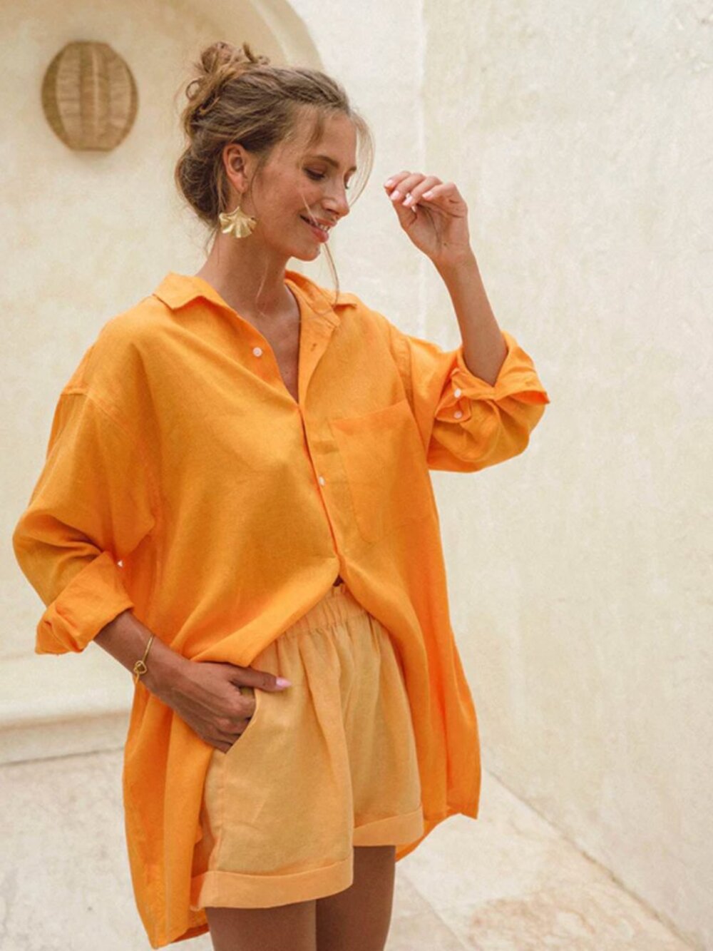 Rove Resortwear SUMMER Oversized Linen Shirt Dress Orange Size Small